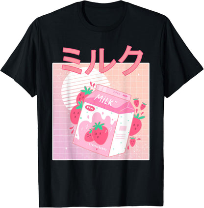 Funny Retro 90S Japanese Kawaii Strawberry Milk Shake Carton T-Shirt