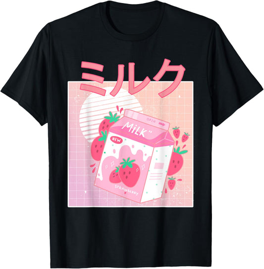 Funny Retro 90S Japanese Kawaii Strawberry Milk Shake Carton T-Shirt